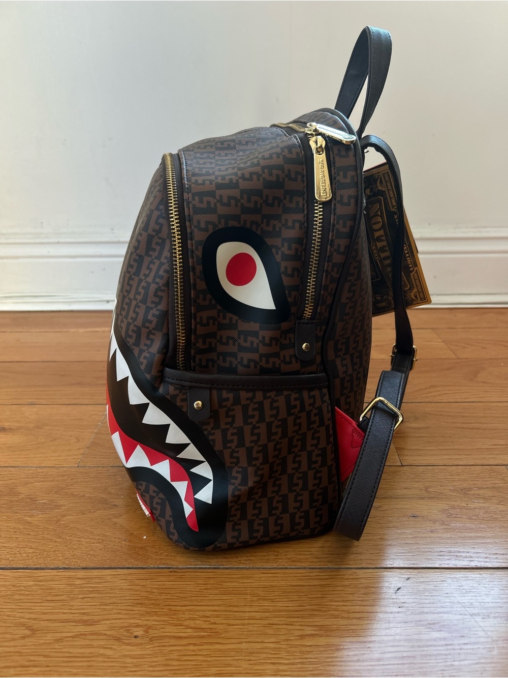 Sprayground Brown Shark-Print Kids Backpack with Red & White Accent